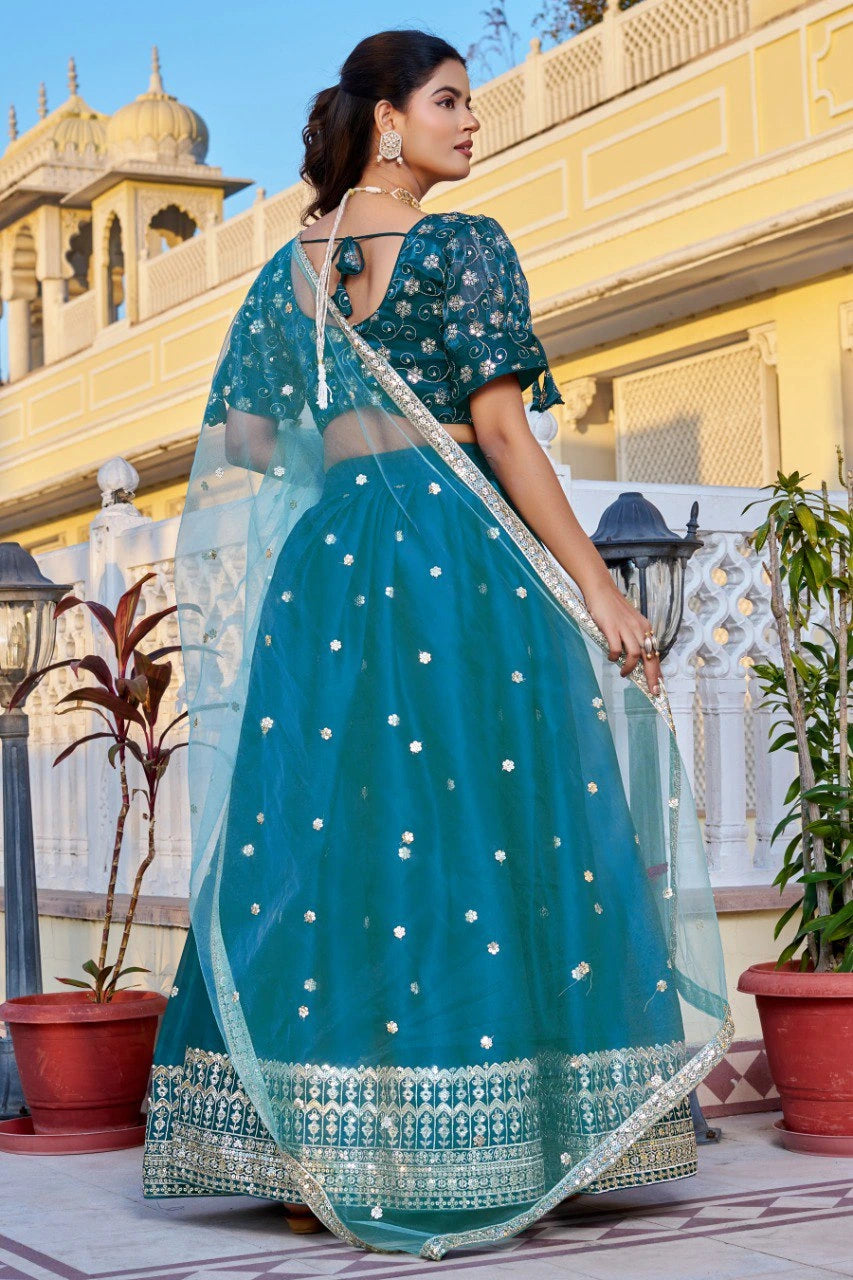 rama blue embroidered with thread sequins work silk